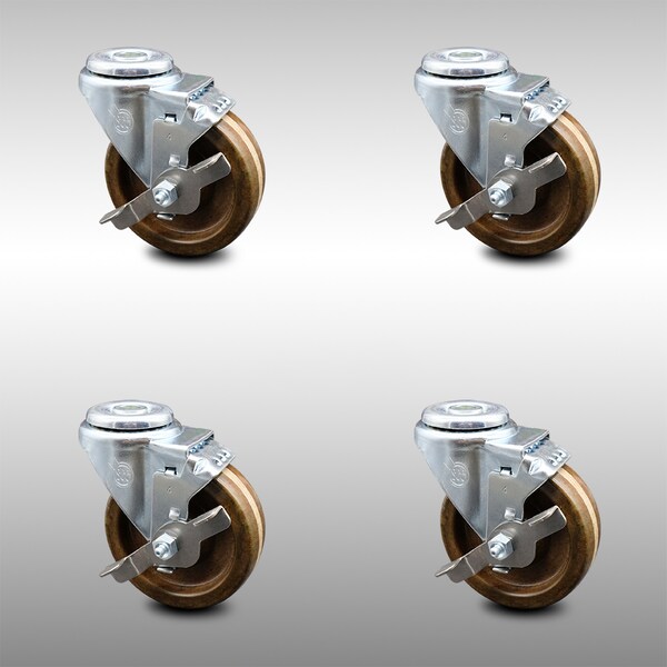 4 Inch SS High Temp Phenolic Wheel Swivel Bolt Hole Caster Set with Brake SCC